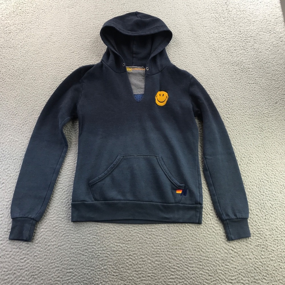 Aviation Nation Hoodie Womens Extra Small Blue Smiley Face Embroidered Pullover